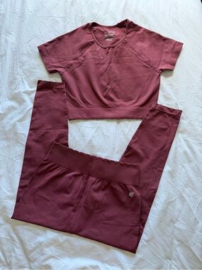 Jed North Scalloped Seamless Top Leggings Set Berry Red Gym High Waist Large